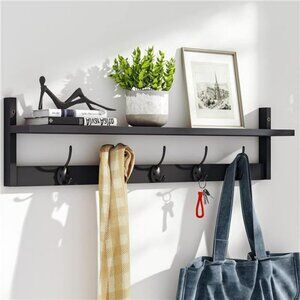 Wall Mounted Shelf With Hooks Entryway Organizer Rack Black Wood Hanging Shelf